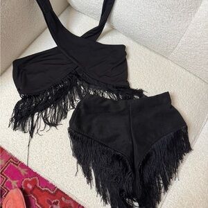Fashion Nova Black Fringe Two-Piece Set